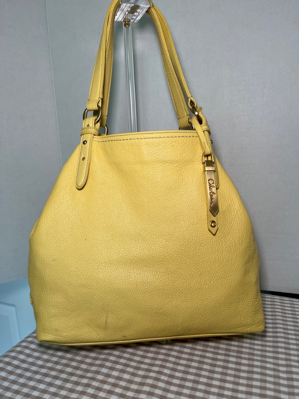 Y2K Cole Haan Lemon Yellow Pebbled Leather Shoulder Bag with Gold Hardware